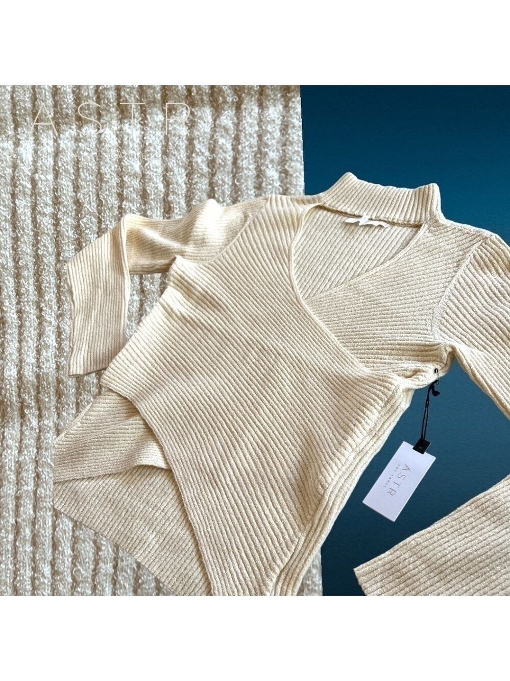 ASTR THE LABEL Mock Neck Cross Front Long Sleeve Sweater in Cream NWT/XL - Picture 12 of 14